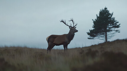 A regal stag stands proudly on grassy terrain, silhouetted against a grey sky. Nearby, a single tree adds to the serene atmosphere during a quiet twilight moment