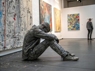 Contemplation in Art: A Sculptural Reflection Amidst Abstract Masterpieces