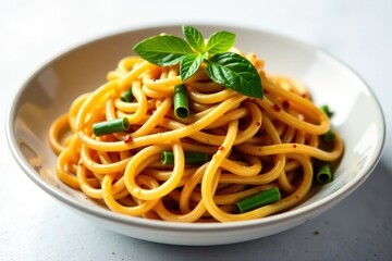 Stir-fried noodles with vegetables on white, vibrant colors , meal, chinese food, eat