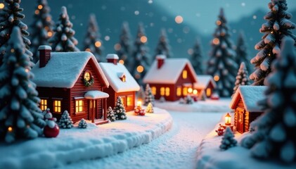 Fototapeta premium A beautifully decorated Christmas village with snow-covered houses and trees , snow covered houses, festive lights, snowy forest