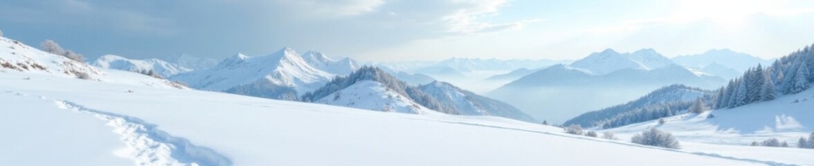Obraz premium A blanket of snow covering a vast open space with rolling hills and mountains in the distance, mountains, cold, open space
