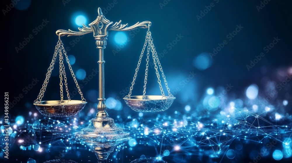 Poster scales of justice on a digital network background.