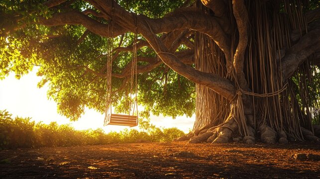 Wooden swing beneath giant fig tree at golden hour