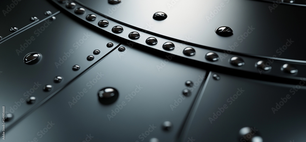 Aufkleber close up of dark metal plates with rivets arranged in lines and curved patterns on the surface