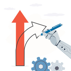 Robot hand uses pen and write another arrow or way of development. Machine learning. Bot with AI give decision, choose alternative pathway