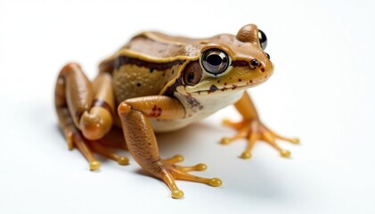 Brown frog on pristine white, showcasing texture, webbed feet visible, webbed feet, animal photography, copy space