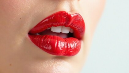 Fototapeta premium Close-up vibrant red lipstick, pristine white backdrop, glossy, close-up, lip color