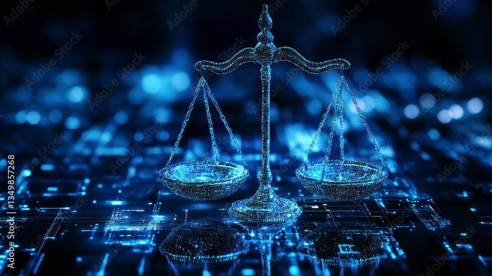Poster digital scales of justice on a circuit board background.