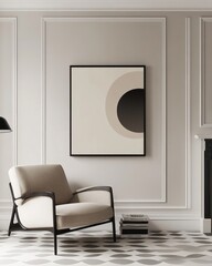 Abstract art print in minimalist living room.