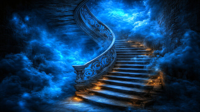 Enigmatic ethereal spiral staircase ascending into a mystical cloud-laden realm of dreamlike ambiance and transcendent beauty.