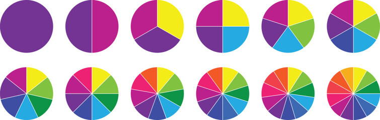 Pie chart color icons. Segment slice sign. Circle section graph. Pie chart set. Colorful diagram collection. 2,3,4,5,6,7,8,9,10,11,12 segment infographic. Circle pie chart diagram.