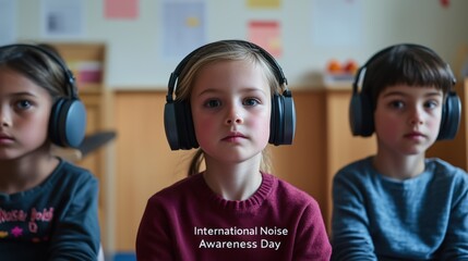 International Noise Awareness Day. Children participating in a classroom hearing test with audiologist
