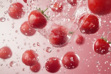 High-speed photography of juicy strawberries falling into water, dynamic splash effect, vivid red hues, farm-fresh and organic theme
