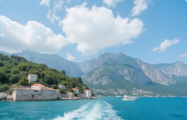 Fototapeta premium Coastal Stone Buildings, Mountain Landscape, and Luxury Yacht