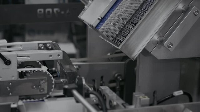 Automated robot packer feeding cardboard boxes on pharmaceutical packaging line.