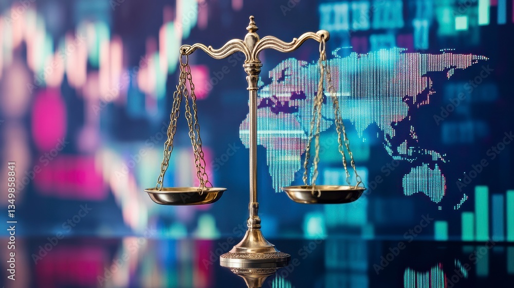 Poster global justice scales with world map backdrop.