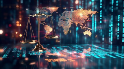 Global justice scales on digital world map.