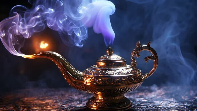 A golden tea pot with smoke coming out of it. A dark magic lamp on a dark background. Smoke glares through the room light. A golden teapot emitting lifestyle wisps of smoke.
