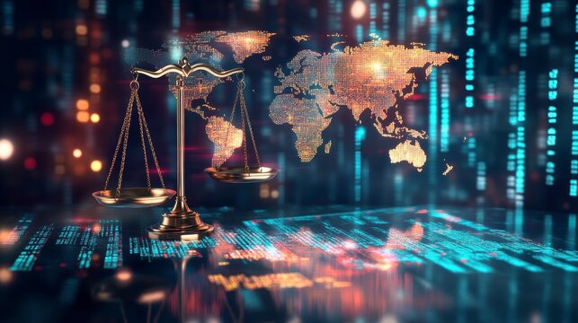 Global justice scales on digital world map.