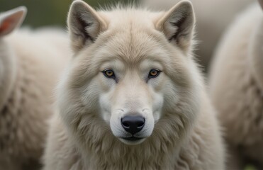 Obraz premium Majestic White Wolf Close-Up with Sheep