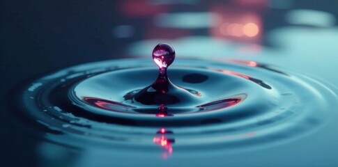 A single ink drop floats on a calm watery surface, its dark shape suspended in light , symmetry, droplet