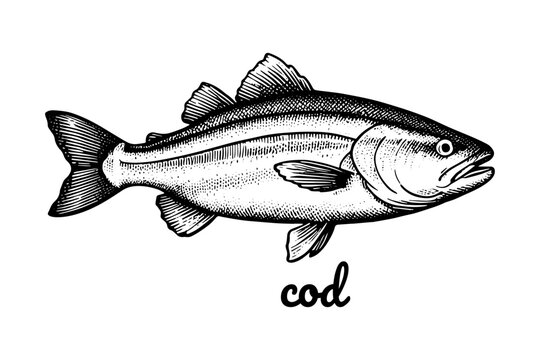 cod Fish Vintage Engraved. Ink style, hand drawn illustration. Isolated on white background, vector illustration.