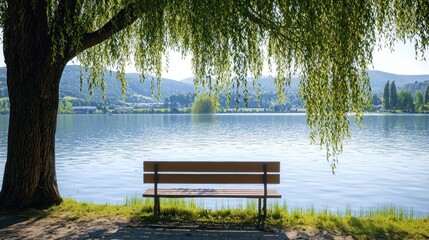 Obraz premium Lakeside bench under weeping willow, tranquil scene, peaceful view of lake and hills