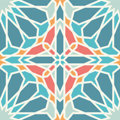 An Islamic geometric pattern with symmetrical intersecting shapes in pastel tones of pink, blue, and beige. Seamless pattern.