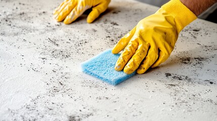 Gloved hands cleaning dirty surface, workshop background