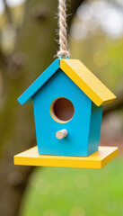 Vibrant birdhouse hanging from rope in serene garden, nature's charm