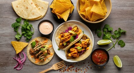Delicious Mexican tacos with tortilla chips, salsa, and fresh ingredients