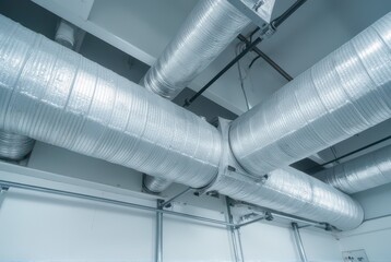 Industrial Ventilation System: Shiny Metal Ducts and Pipes