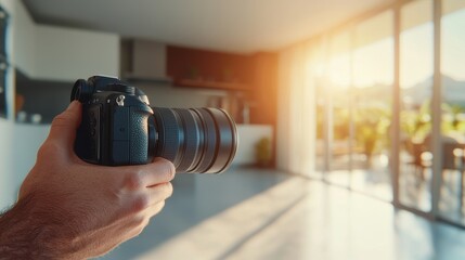 Naklejka premium A person holds a DSLR camera, capturing sunlight streaming into a modern living space with stylish decor.