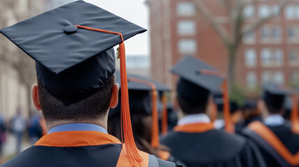 Graduates wearing caps and gowns gather in a university courtyard to celebrate their commencement. Friends and family cheer as they commemorate their academic accomplishments on a sunny day