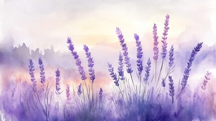 Fototapeta premium Lavender field at sunrise, watercolor style