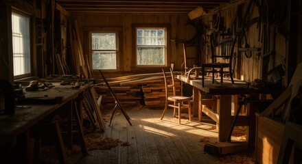 Sunlit rustic woodworking shop with various tools and wooden furniture