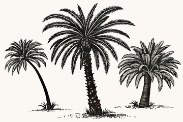 51 Palm trees, tropical foliage, isolated on white background, botanical illustration, photorealistic, detailed textures, fronds, trunks, nature photography, exotic plants, varied colors, green and br