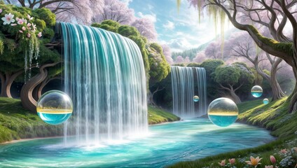 enchanted spring waterfall with blooming trees and glowing nectar spheres in magical valley for use in fantasy illustrations and storytelling