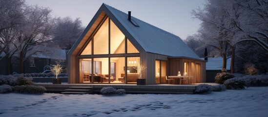 Scandinavian house with snow covered with warm light on winter.