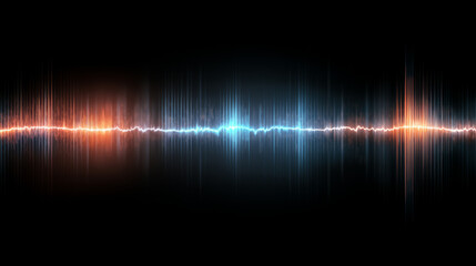 Visual representation of sound waves with vibrant colors illuminating a dark background. The graphic illustrates varying frequencies and amplitudes, offering a dynamic perspective on audio signals