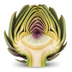 Obraz premium Half-cut artichoke showing the inner heart and layered leaves isolated on white