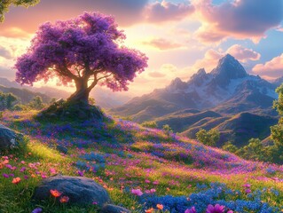 Blossoming tree sits atop a flower-filled meadow under a pastel sky near mountains