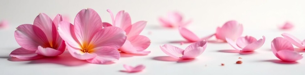 Fototapeta premium Delicate flower petals unfolding on a crisp white surface, flowers, blooming