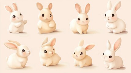Obraz premium Group pf adorable white cartoon rabbits stand side by side, radiating joy with their big, happy smiles on a clean pastel background 