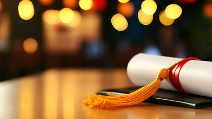 A diploma with a tassel rests on a table, glowing in warm bokeh lights at graduation
