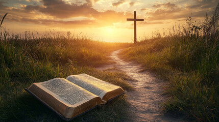 A cross and an open Bible lie on the ground, with a sunset in the background. The Bible lies flat. A path leads to it, stretching into the distance. Grass surrounds the scene.
