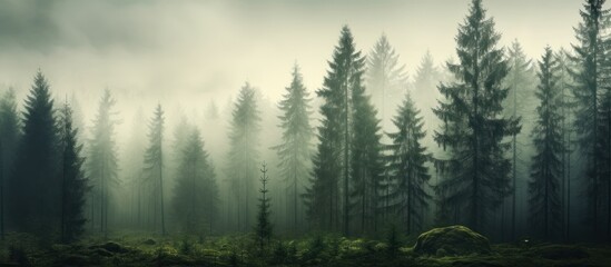 Misty fir forest with foggy mountains and trees with beautiful hipster vintage landscape. AI generated image