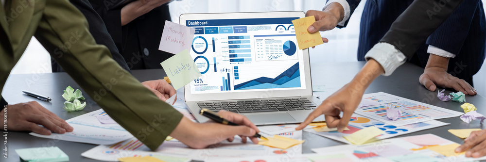 Poster analyst team use sticky note for creative and analytic brainstorm for business idea with bi data das