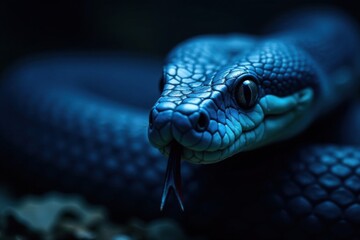 Fototapeta premium Blue viper snake face in dark background with sharp eyes and forked tongue out, closeup, reptile