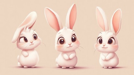 Obraz premium Group pf adorable white cartoon rabbits stand side by side, radiating joy with their big, happy smiles on a clean pastel background 